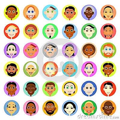 Multiethnic people avatars set in flat vector style. Smiling woman and men icons Vector Illustration