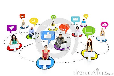 Multiethnic People Connecting with Social Media Symbols Stock Photo