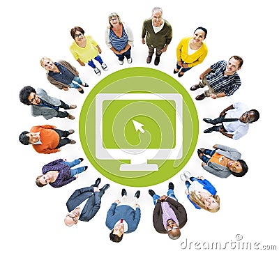 Multiethnic People Forming Circle and Computer Symbol Stock Photo