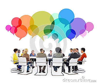 Multiethnic People in a Meeting with Speech Bubbles Stock Photo