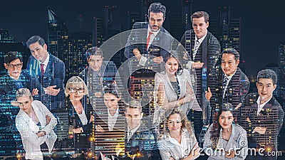 Multiexposure business background of diverse business people standing and having arms crossing together with overlat background of Stock Photo