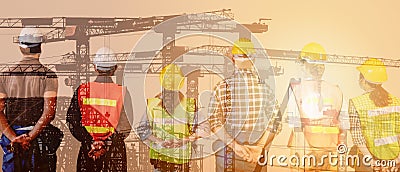 Multiexposure construction industrial background of construction project engineers and workers overlay with silhouette Stock Photo