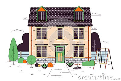 Multifamily home with swing, green lawn line cartoon flat illustration Vector Illustration