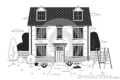 Multifamily home with swing, green yard black and white cartoon flat illustration Vector Illustration