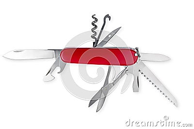 Multifunction army pocket folding knife isolated on white background Stock Photo