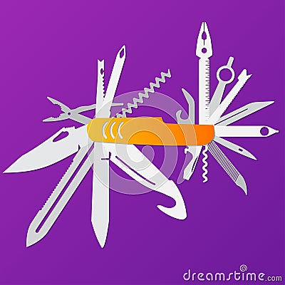 Multifunction flat knife illustration,Swiss knife, multipurpose penknife, army knife vector. Vector Illustration