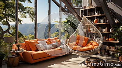 Multifunctional loft apartment with stylish hammock Stock Photo