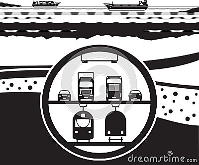 Multifunctional railway and highway tunnel under sea Vector Illustration