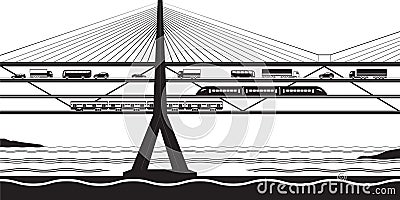 Multifunctional transportation bridge cross the river Vector Illustration