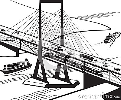 Multifunctional transportation bridge in perspective Vector Illustration
