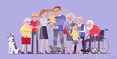 Multigenerational family, common household, people living together in support, care Vector Illustration