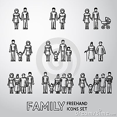 Multigenerational family freehand icons set with Vector Illustration