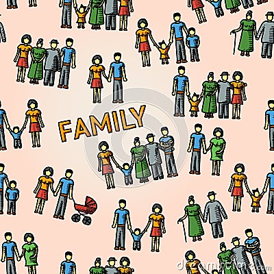 Multigenerational family freehand pattern with all Vector Illustration