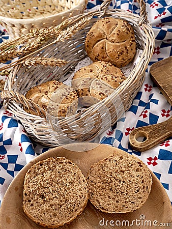 Multigrain kaiser rolls. Homemade bread from recipes of traditional Polish cuisine. Stock Photo