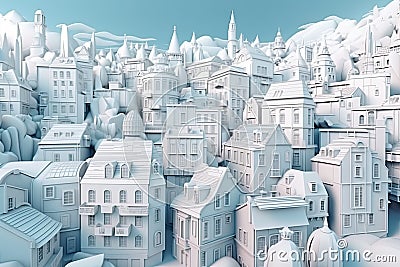 Multilayer paper city, office, aesthetic, pastel blue color, paper art, Generative AI Stock Photo