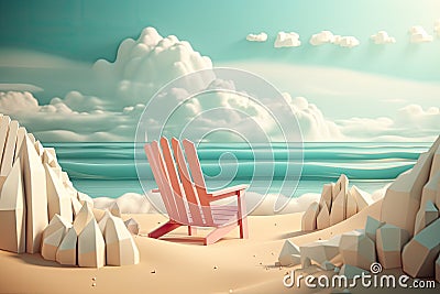 Multilayer paper sun loungers on the beach, paper art. sea view, aesthetics, sunny sky background. Generative AI Stock Photo