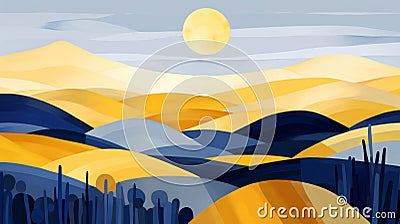 Multilayered Blue And Yellow Desert Landscape With Orange Moon Cartoon Illustration