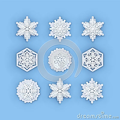 Vector snowflakes collection. Paper Snowflake shapes. Symmetric Papercut snow flake silhouette isolated on blue. Winter Vector Illustration