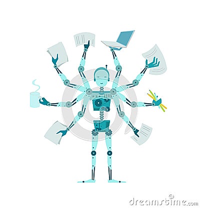 The multilimbed robot. Office multifunctional cyborg manager. Vector Illustration
