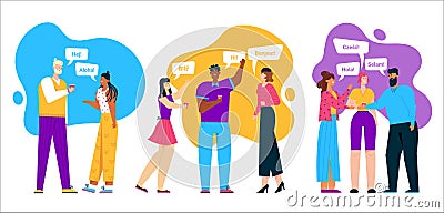 Multilingual greeting group of people scene, saying hello Vector Illustration