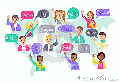 Multilingual hello kids. Different cultures communication, children greet on various languages, young foreigner students Vector Illustration