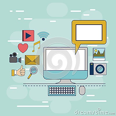 Multimedia application in device tech desktop computer on colorful decorative background Vector Illustration
