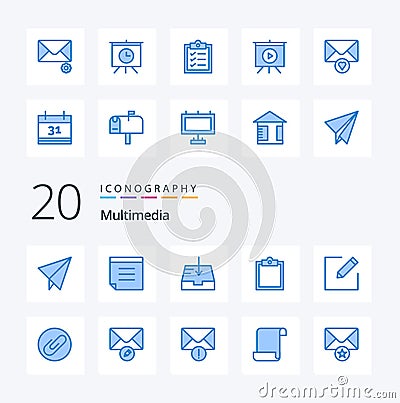 20 Multimedia Blue Color icon Pack like message clip clipboard attachment write Vector Illustration
