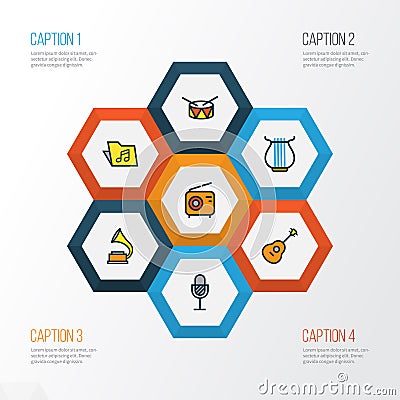 Multimedia Colorful Outline Icons Set. Collection Of Amplifier, Strings, Gramophone And Other Elements. Also Includes Vector Illustration
