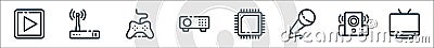 Multimedia and electronic line icons. linear set. quality vector line set such as television, speaker, microphone, processor, Vector Illustration