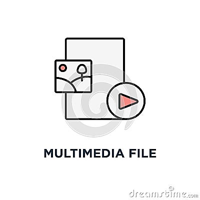 multimedia file icon, symbol of document blank and player button, outline, concept media content and web player elements, photo Vector Illustration