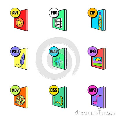 Multimedia file icons set, cartoon style Vector Illustration