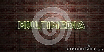 MULTIMEDIA - fluorescent Neon tube Sign on brickwork - Front view - 3D rendered royalty free stock picture Stock Photo