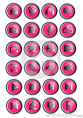 24 multimedia icons or bright pink and silver buttons Stock Photo