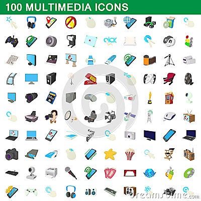 100 multimedia icons set, cartoon style Vector Illustration