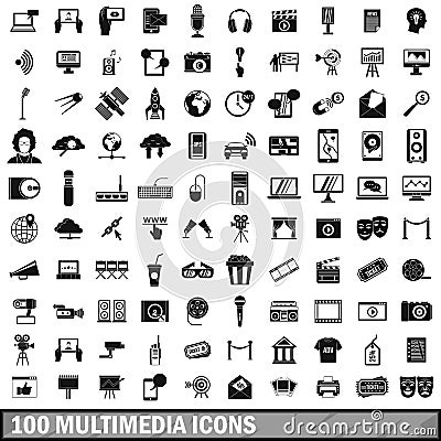 100 multimedia icons set in simple style Vector Illustration