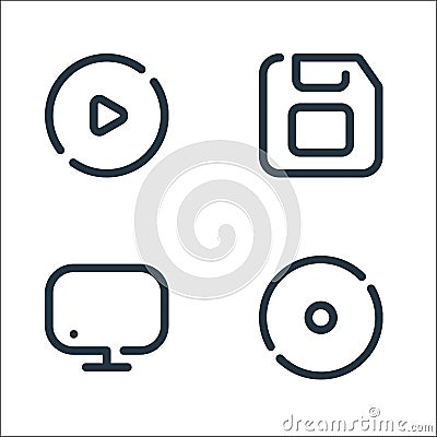 Multimedia line icons. linear set. quality vector line set such as compact disk, monitor, floppy disc Vector Illustration
