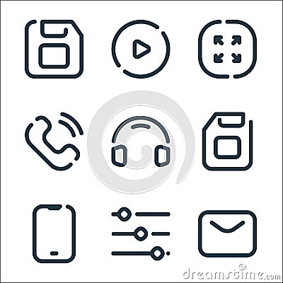 Multimedia line icons. linear set. quality vector line set such as email, settings, smartphone, headphones, call, resize, video Vector Illustration