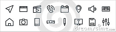 multimedia line icons. linear set. quality vector line set such as equalizer, computer monitor, video projector, home, sound, play Vector Illustration