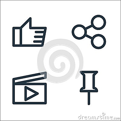 multimedia line icons. linear set. quality vector line set such as pin, play, share Vector Illustration