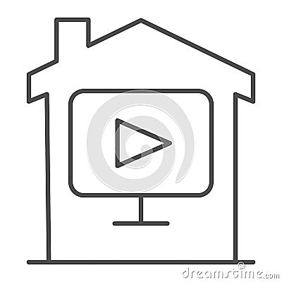 Multimedia player with house thin line icon, smart home concept, home and video vector sign on white background, House Vector Illustration