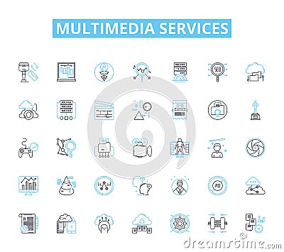 multimedia services linear icons set. Animation, Audio, Branding, Cinematography, Content, Design, Editing line vector Vector Illustration