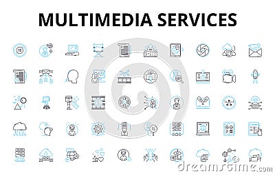 multimedia services linear icons set. Animation, Audio, Branding, Cinematography, Content, Design, Editing vector Vector Illustration