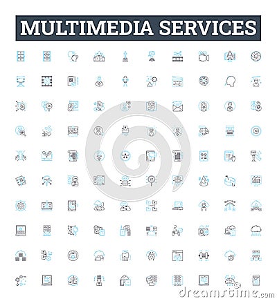 multimedia services vector line icons set. Multimedia, Services, Audio, Video, Animation, Messaging, Streaming Vector Illustration