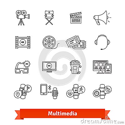 Multimedia thin line art icons set. Entertainment Vector Illustration