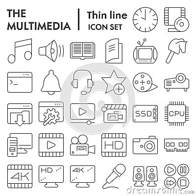 Multimedia thin line icon set. Audio and video symbols collection, sketches, logo illustrations. Technology web signs Vector Illustration