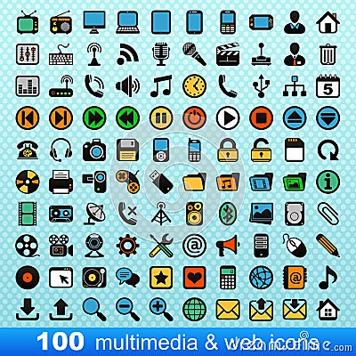 100 multimedia and web icons Vector Illustration