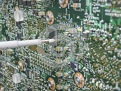 Multimeter probes examining a circuit board Stock Photo