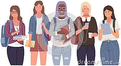 Multinational female characters, students of educational institution, university, school pupils Vector Illustration