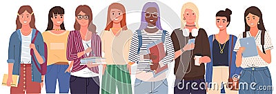 Multinational female characters, students of educational institution, university, school pupils Stock Photo