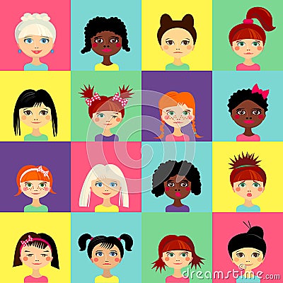 Multinational female face avatar profile heads Vector Illustration